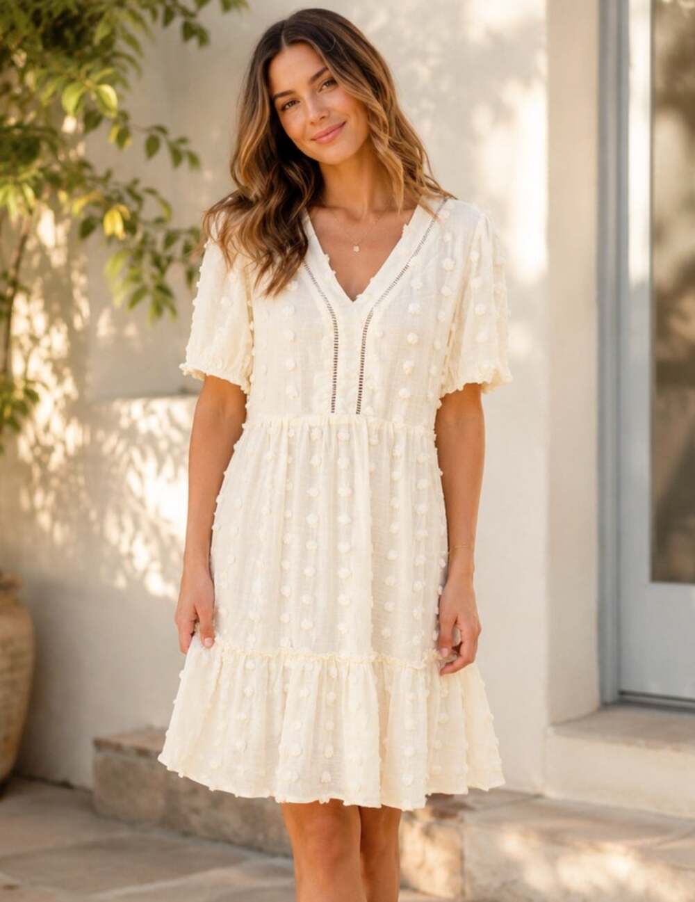 Umgee Ivory Swiss Dot Lace Trim Mini Dress M NWT Cottagecore Romantic Boho